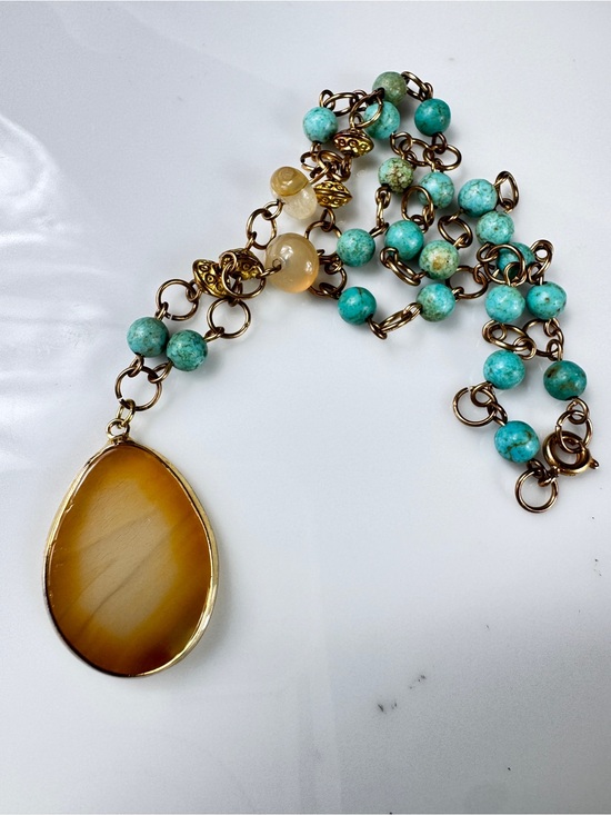 Jewelry - Handcrafted Turquoise Bead and Golden Agate Pendant Necklace